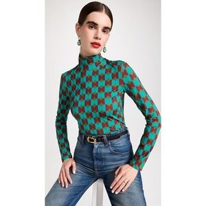 NWT DOUBLEJ Milano Skinny Jersey Turtleneck‎ Top Mezzaluna Green Retro Print